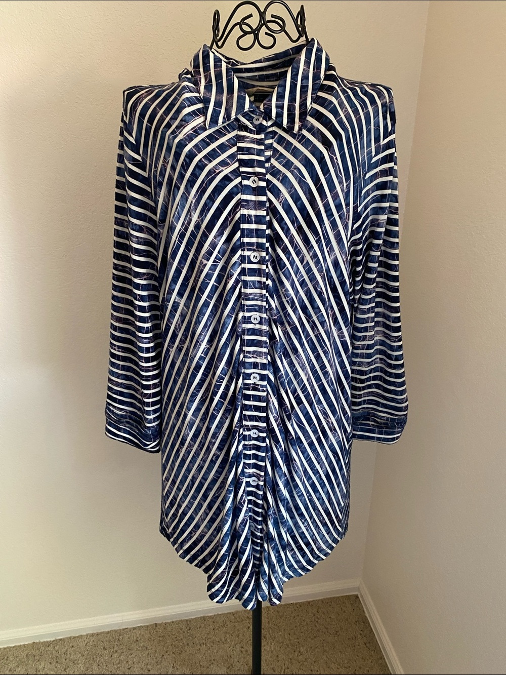 Soft Surroundings Navy and White Striped Button-Down Shirt